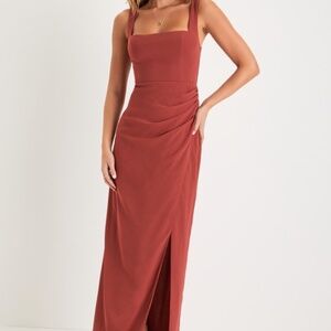 Lulus Glamorous Disposition Rust Ruched Maxi Dress Orange - Size M